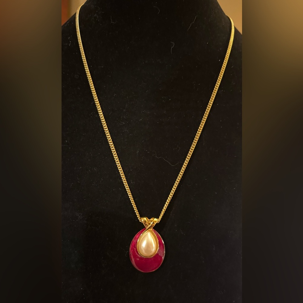 Vintage Monet Faux Pearl Red Enamel Pendant Necklace Goldtone Earrings Set